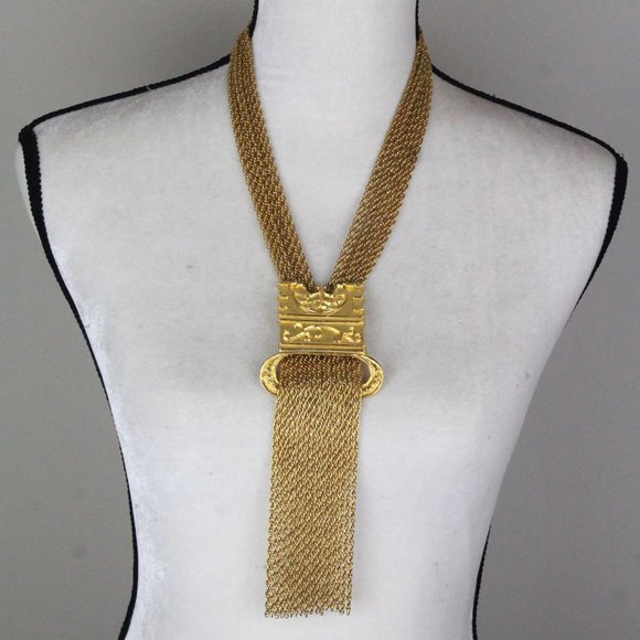 FRENCH COUTURE GOLD PLATE ETRUSCAN LARIAT STATEMENT NECKLACE - Picture 1 of 11